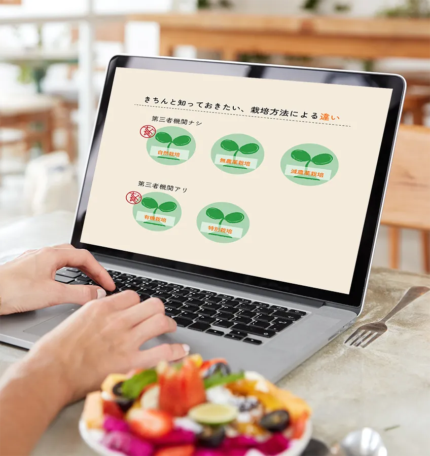有機野菜直送配達サービス「スグ食べ」LPの栽培方法の違いを見ているモックアップ画像